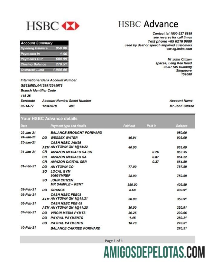 Singapore HSBC Excel Pdf amostra